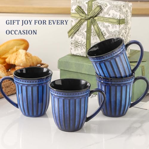 Coffee Mugs Set of 4, 16oz Navy Blue Ceramic Coffee Mug with Embossed Ribbed, Farmhouse Tea Cup Set for Latte, Cappuccino, Milk, Large Handle, Suitable for Office Home Restaurant Housewarming Gift - color: Navy Blue