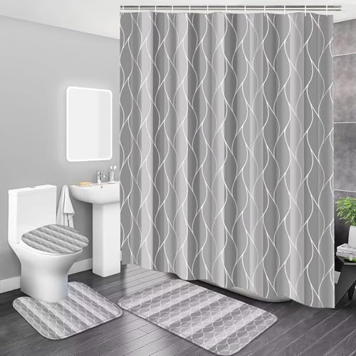 DDQQ 4Pcs Grey Wave Lines Shower Curtain Set with Rugs Stripe Bathroom Set | Waterproof, Durable, Grey Shower Curtain with 12 Hooks, Non-Slip Rugs, Toilet Lid Cover, U Toilet Mat, Bathroom Decor - color: Grey