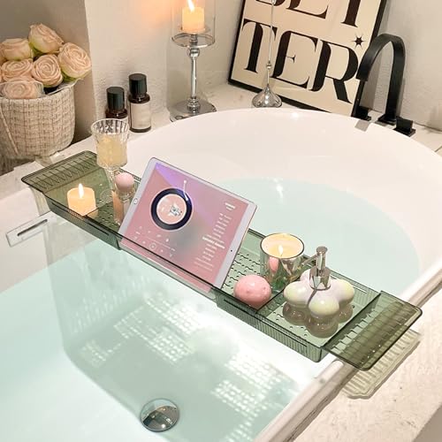 Bathtub Tray Table, Adjustable Bath Tray for Tub, Bath Accessories, Deluxe Bathroom SPA Bath Tray, Expandable Drain Bath Shelf Caddy Tray with Anti-Slip mat, Fits Most Tubs(Transparent Green) - color: Transparent Green
