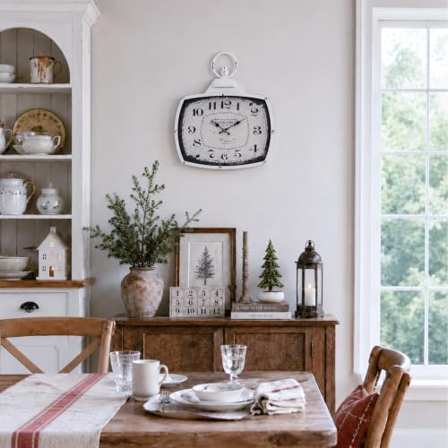 Retro Rectangle Wall Clock, Battery Operated Silent White Farmhouse Wall Clocks, Antique Old Design Style, Wall Clocks for Living Room,Kitchen,Bedroom,Office (17" H x 15" W) - color: White-15"×17"