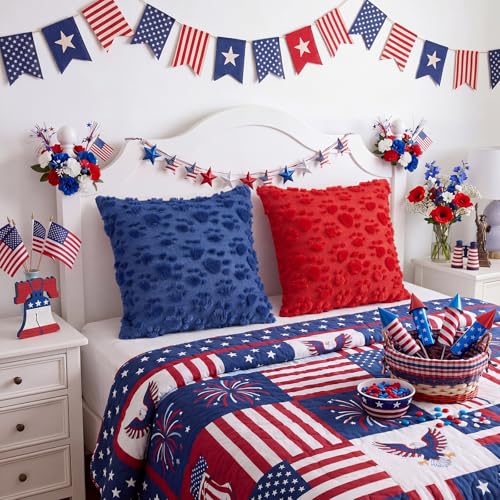 Tiamon 4 Pcs Patriotic 4th of July Throw Pillow Covers 18 x 18 Inch Pet Paw Prints Plush 3D Embroidered Pillow Cases Red Blue Pet Dog Cat Paw Cushion Covers for Independence Day Decor Sofa Bed - style: Paw Print