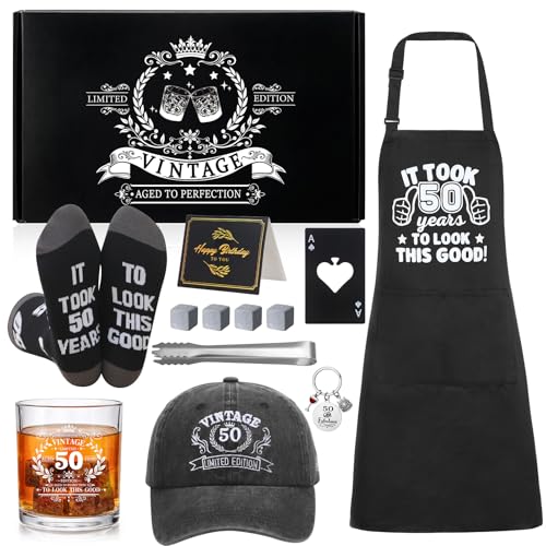 50th Birthday Gifts for Men 50th Birthday Party Supplies | Include 11 Oz Glass Stone Ice Tong Bottle Opener Cap Apron Socks Keychain Greeting Card for Him, Dad, Husband, Friends - style: 50th