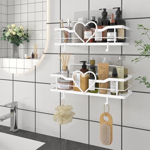 White Heart Shower Caddy,No Drilling Adhesive Shelves,2 Pack | Shower Shelf with 4 Removable Hooks,Holds 40 lbs,Rustproof Metal,For bathroom,kitchen,dorm,Cute Shower Organizer - color: White