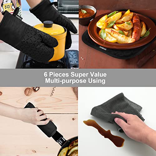 KEGOUU Oven Mitts and Pot Holders 6pcs Set, Kitchen Oven Glove High Heat Resistant 500 Degree Extra Long Oven Mitts and Potholder with Non-Slip Silicone Surface for Cooking (Black) - color: Black