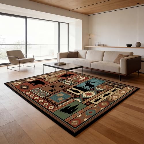 Rustic Cabin Area Rug 5x7 ft Southwestern Lodge Bear Moose Non Slip - color: Rustic Cabin, size: 5' x 7' (Rectangular)