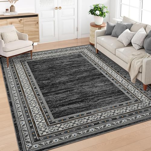 Modern Solid Area Rug 5x7 Washable Non Slip Neutral Rugs for Living Room, Non-Shedding Stain Resistant Bordered Throw Carpet, Neutral Foldable Floor Rugs for Bedroom Dining Table, Black | Non Slip Neutral Border Non Shedding Stain Resistant Low Pile Folda
