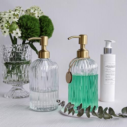 JASAI 2PACK 18Oz Fluted Glass Soap Dispenser with Golden Rust Proof Pump | Refillable Kitchen Soap Dispenser with Vertical Stripe, Bathroom Soap Dispenser for Hand Soap, Dish Soap, liquid Soap, Lotion - color: Clear-golden Pump-2p, size: 2 Pack