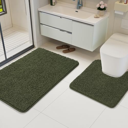 Bathroom Rug Sets 2 Piece, 20"x20" U-Shaped & 21"×34", Olive Green | Toilet Mat Non Slip Bath Mats Floor Set, Washable Bath Rug Set, Absorbent Soft Bathroom Rug - color: Olive Green