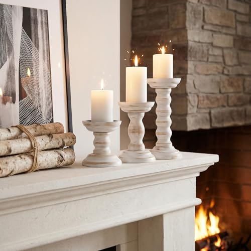 3 Pcs Wood Pillar Candle Holder Rustic White Candle Holder Set of 3 Tall Table Centerpiece Decor Wooden White Farmhouse Decorations for Fireplace Mantle