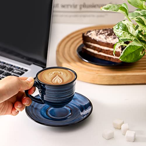 HASENSE Espresso Cups Set of 4, 4 Ounce Ceramic Cappuccino Cup with Saucers, Small Coffee Mugs for Espresso Shots, Cappuccino, Tea, Latte, Demitasse, Navy Blue - color: Navy Blue, size: 4oz - Set of 4