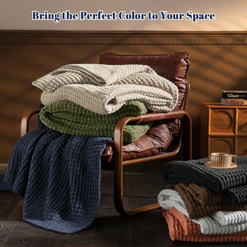PHF Chenille Waffle Knit Throw Blanket- Plush Warm & Cozy 50" x 60" Ultra Soft Blanket- Chunky Fluffy Waffle Throws for Couch Bed Sofa - Navy Blue - color: Navy Blue, size: Throw(50"X60")