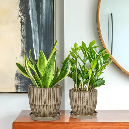 Oairse Ceramic Pots for Indoor Plants, 4.7 +5.7 inch Pots for Plants Set of 2 Brown Plant Pots with Drainage Holes and Saucers Texture Ceramic Planters Indoor Outdoor Flower Pot for Succulent - style: Conical Shaped