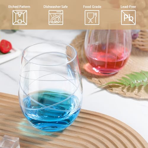 Joeyan Hand Blown Etched Stemless Wine Glasses for Red Wine,Large Carved Drinking Glass Cups Tumblers with Strips Swirls Pattern for Wedding Anniversary Party Home,Set of 2, 17.5 oz, Dishwasher Safe - color: Etched Swirls Vertical Stripes Patterned