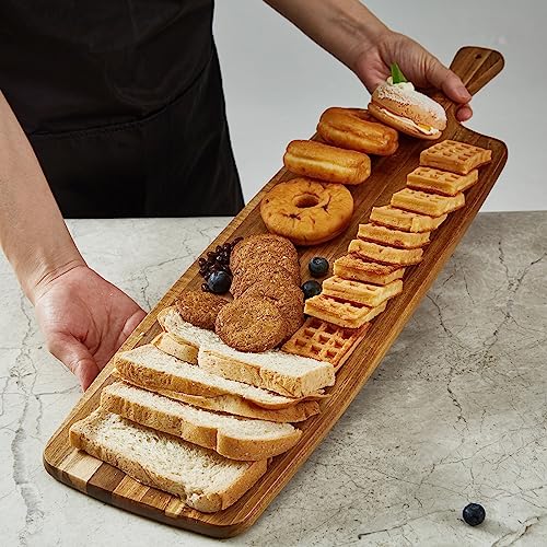 Acacia Wood Cutting Board and Large Charcuterie Board with Handle - Long Serving Board for Veggies, Bread, Cheese Board, Appetizers, and Picnic Celebrations, 24x7 Inch - size: 24"L x 7"W