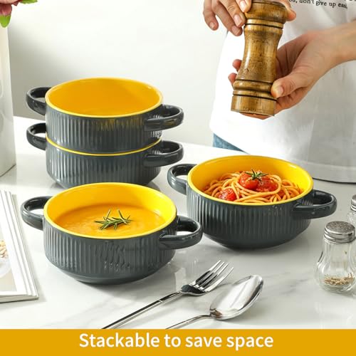 Soup Bowls with Handles, 23 oz French Onion Soup Crocks, Stackable Soup Bowl Oven Safe for Chili, Beef Stew, Embossment Ceramic Bowl Set - 5.4 Inch, Set of 4,Yellow Gray - color: Yellow Gray