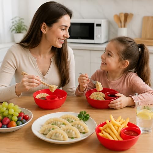 6 Colors Divided Snack Bowls, Anti Soggy Chip Dip Serving Dishes, Stackable Plastic Bowls, Microwave & Dishwasher Safe, Ideal for Home Party, Salad, Nuts, Salsa - color: Red