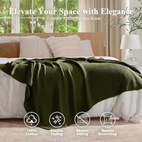 100% Cotton Cable Knit Throw Blanket, Large Lightweight Soft Knit Blanket for Sofa Couch Bed, Breathable All-Season Throw, Cozy Decorative Blanket, 60 x 80 Inch,Olive Green - color: Olive Green, size: Twin(60" X 80")