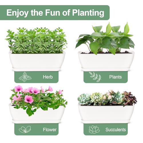 8-Piece White Rectangular Window Sill Planters with Drainage Holes and Trays (11 Inches) for Basil, Orchids, and Succulents Modern Herb Garden Planters Suitable for Indoor/Outdoor Plants - size: 11.1 x 3.23 x 3.54-inch