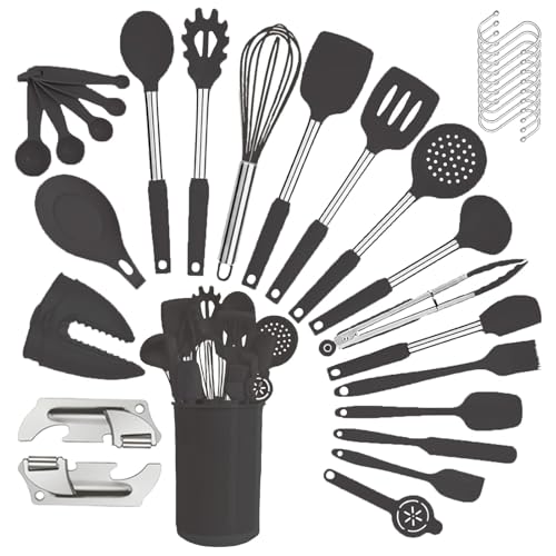 Silicone Kitchen Cooking Utensils Set with Stainless Steel Handle, Spatula Set Utensil Set, Cooking Utensil Set,Kitchen Tools Gadgets for Nonstick Cookware (35, Black) - color: Black