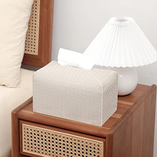 Tissue Box Cover PU Leather Tissue Holder Square Facial Tissue Case Facial Paper Organizer Dispenser for Bathroom, Vanity Countertop, Tabletop, Car, Rectangle, Griege | PU Leather,Easy to Fill, Easy Clean, Decorative Cube Tissue Box Holder for Office, Bat