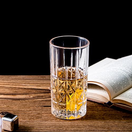 Tall Highball Glasses Set of 6, 14 Ounce Cups, Textured Designer Glassware for Drinking Water, Beer, or Soda, Trendy and Elegant Dishware, Dishwasher Safe - style: Style C