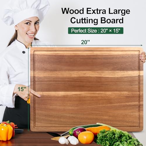 20" XL Extra Large Wood Cutting Boards for Kitchen Acacia Charcuterie Board | Hardwood Solid Chopping Board Meat Big Wooden Cutting Board Non Toxic Turkey Serving Bread Cheese Boards Butcher Block - size: 20"L x 15"W