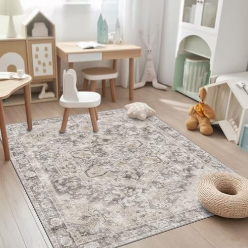 4x6 Rug Beige and Brown Traditional Distressed Aesthetic | Rugs for Dining Room Office- Low Pile Carpet-Non Slip Ultra Soft Pet&Child Friendly-Neutral Modern - color: Brown Beige, size: 4' x 6' (Rectangular)