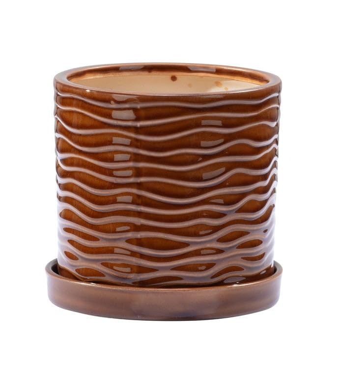 Napco Modern Textured Ceramic Planter with Drainage & Saucer – Small 5 x 5.25 Inch Glossy Brown Flower Pot with Wavy Embossed Design, Contemporary Home Décor for House Plants, Succulents & Herbs - size: Small