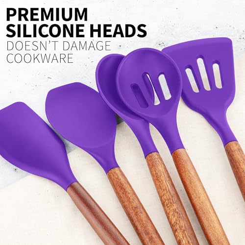 Zulay Kitchen 5 Piece Silicone Utensil Set | Non-Stick Silicone Cooking Utensils Set with Acacia Wood Handles - 464°F Heat Resistance Kitchen Utensils Set - Purple - color: Purple, size: 5-Piece Set