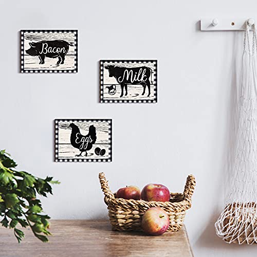 Jetec 3 Pieces Wooden Farmhouse Wall Decor Cow Pig Chicken Kitchen Signs Rustic Black and White Buffalo Plaid Wall Art Farm Animal Plaque for Kitchen Home Decor, 7.9 x 5.9 Inch - size: 7.9 x 5.9 Inch