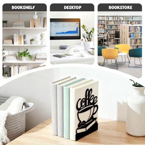 5.3"x4.3"x7.9" Metal Bookends, Heavy Duty Book Ends for Shelves | Coffee Beans and Books Theme Cast Iron Book Supports, 1 Pair Decor Stoppers for Desk, Library, Office & Home Shelves - style: Coffee Beans and Books