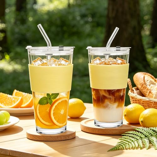 Birity 16oz Glass Cup with Lid and Glass Straw,Set of 2 Thickened Glass Coffee Tumblers with Silicone Sleeve,Reusable Iced Coffee Cups for Smoothie、Soda Water、Juice、MilkSshake、Travel Cup - color: 16 oz 2 pack