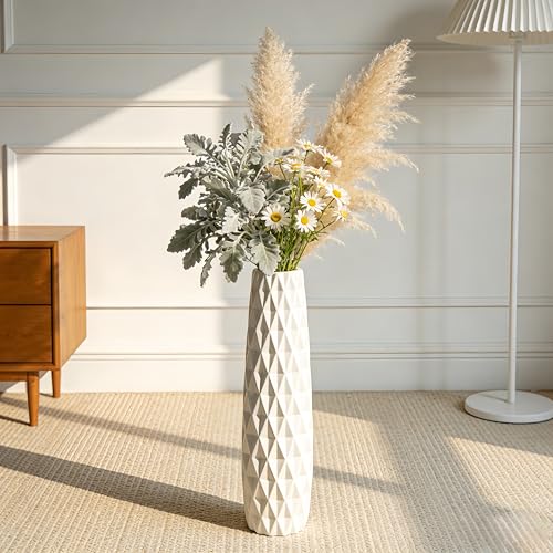 White Tall Ceramic Floor Vase, 24 Inch, Textured Design | Glossy Glazed Finish, Living Room, Fireplace, Entryway, Pampas Grass - color: Shape 2, size: 24 Inch
