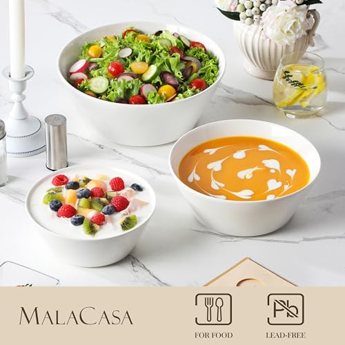 MALACASA White Serving Bowls Set of 3, Ceramic Mixing Bowl for Kitchen | 105/60/35 OZ Bowls for Family Salad, Soup, Pho and Fruit, Microwave & Dishwasher Safe, Series REGULAR - size: 35oz/60oz/105oz(3pcs)