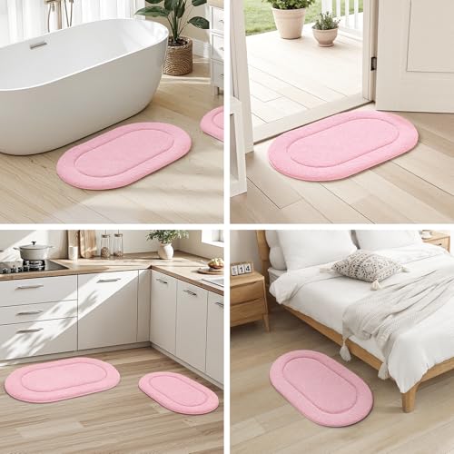 HOMEIDEAS Pink Bathroom Rug Sets 2 Piece 20" x 32" + 16" x 24" | Microfiber Bath Mats, Non-Slip TPR Backing, Ultra Absorbent & Quick Dry, Machine Washable for Bathroom, Shower, Tub - color: Pink