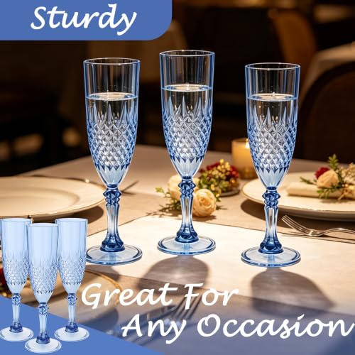 12 Pack Plastic Champagne Flutes, Blue Reusable Champagne Glass | Unbreakable Hard Plastic Mimosa Cups Bulk with Stem, Fancy Stemware for Wedding, Party & NYE Celebration - color: Blue