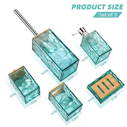 GAHEFY Teal Blue Beach Bathroom Accessories Set, Toothbrush Holder, Soap Dispenser, Cotton Swabs Holder, Soap Dish, Toilet Brush with Holder, Boho Bamboo Bathroom Decor,Acrylic (Teal) - style: Teal-5pcs