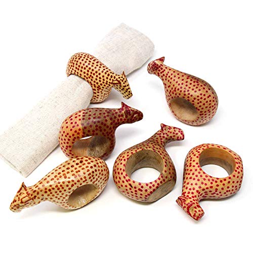 KWF012_C - Handcarved Mahogany Wooden Napkin Ring Holders - Cheetah, Set of 6 - color: Cheetah