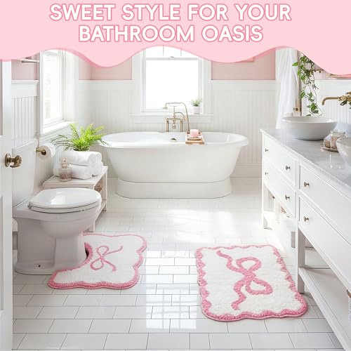 Pink Bow Bathroom Rug Set, 2-Piece Bow Bath Mat and U-Shaped Toilet Rug | Coordinated Tub-and-Toilet Styling; Scalloped Edges; Plush Microfiber; 16 X 24 In + 24 X 20 In; TPR Backing; Washable - color: Pink Bow