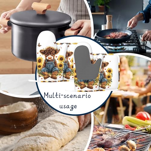 Oven Mitts and Pot Holders Sets,Cute Highland Cow Thick Cotton Kitchen Oven Mitt Set,Rustic Sunflowers Butterfly Waterproof Anti-Slip Silicone Mittens for Baking,Cute Cooking Utensils Set - color: Cute Highland Cow