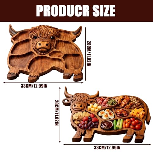 High Cow Wooden Board with Compartments Food Platter Appetizer Serving Tray Farmhouse Home Party Decors