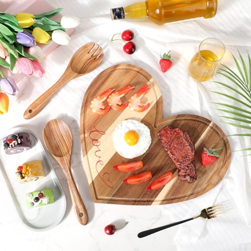 Patelai Heart Wood Cutting Charcuterie Board Wedding Bridal Shower Gifts Acacia Wood Cutting Board with Spoon and Fork for Couples Husband Wife, Newlywed Mr and Mrs - style: heart