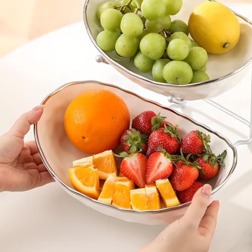 White Fruit Bowl with Gold Metal Stand, 2 Tier Modern Ceramic Fruit Bowl Fruit Rack for Kitchen Counter, Tiered Fruit Basket for Snacks Bread Candy Storage (White A,2 Tier) - color: White A,2 Tier