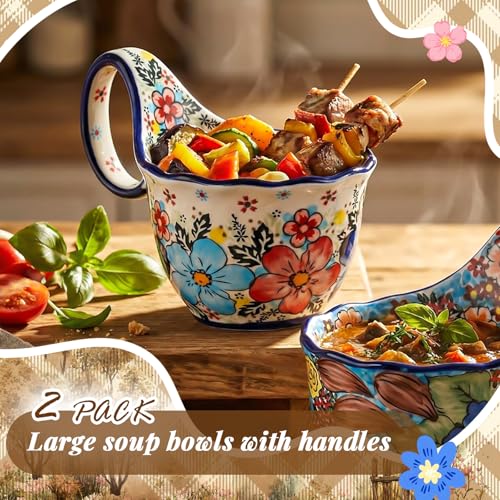 LemonRoad 2 Pack 15 oz Ceramic Soup Bowls with Handle,Roman Garden | Handpainted Decorative Soup Mug, Microwave & Dishwasher Safe, Loop Handle, for Fruit Chili Stew Ice Cream, Gift