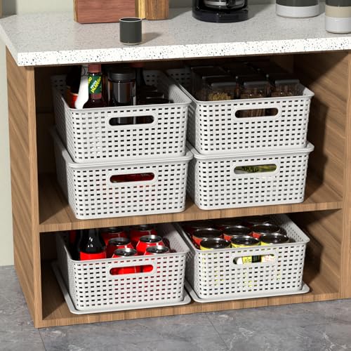 6 Packs Plastic Woven Storage Basket with Lid, Stackable Lidded Storage Baskets for Shelves (White)