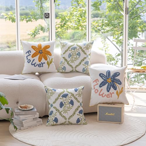 YIcabinet Pillow Covers Set of 2, Embroidered Blue Flower Pattern Throw Pillow Cover,Square Cotton Cushion,Pillow Case for Sofa Bedroom Couch,18"x18" - color: White26