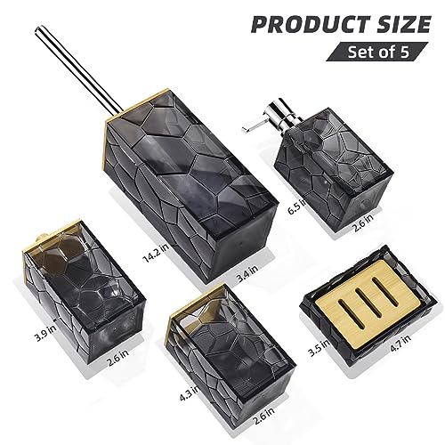 GAHEFY Black Grey Bathroom Accessories Set, Toothbrush Holder, Soap Dispenser, Cotton Swabs Holder, Soap Dish, Toilet Brush with Holder, Black Bamboo Bathroom Decor,Acrylic - style: Black grey