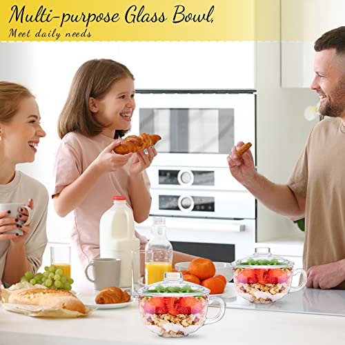 Didaey Set of 4 Glass Cereal Bowls Microwave Safe Glass Soup Bowls with Handle and Spoon Clear Oatmeal Glassware Mixing Ramen Pot Coffee Mugs with Lids Milk Breakfast Mug for Yogurt 20 Oz/ 600 ml