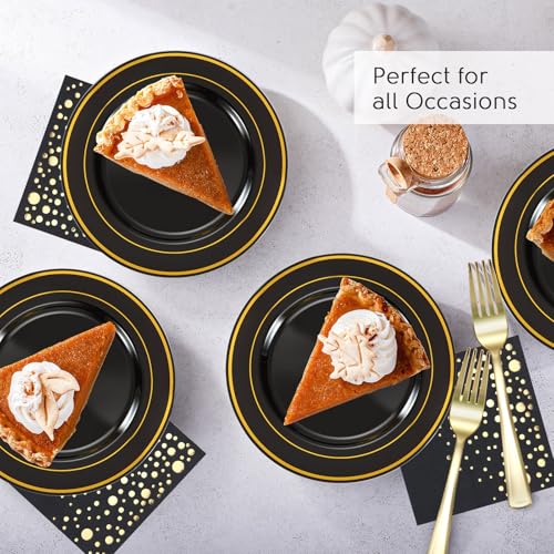 Black and Gold Dessert Plates Set, 100 Plates, Forks and Cocktail Napkins | Sturdy plastic, cake service, appetizer tables, salad course, weddings, graduations, easy cleanup - color: Black, style: Plates,Forks and Napkins