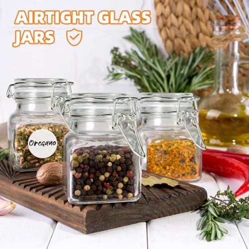 SKOCHE Spice Jars 20 Pack Small 4 oz Glass Jars Spice Jars Herb Jars | Spice Herb Jars with Airtight Hinged Lids, 4oz Glass Jars with Labels and Silicone Funnels Ideal for Spice Herbs - size: Small